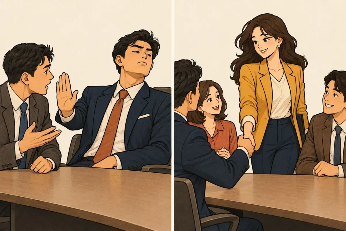 2부 삽화: arrogant와 confident를 비교하는 두 장면
